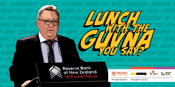 "Lunch with the Guvna" in cartoon text, with Adiran Orr in a black suit edited to look like it's drawn in a comic.
