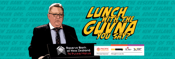 "Lunch with the Guvna" in cartoon text, with Adiran Orr in a black suit edited to look like it's drawn in a comic.