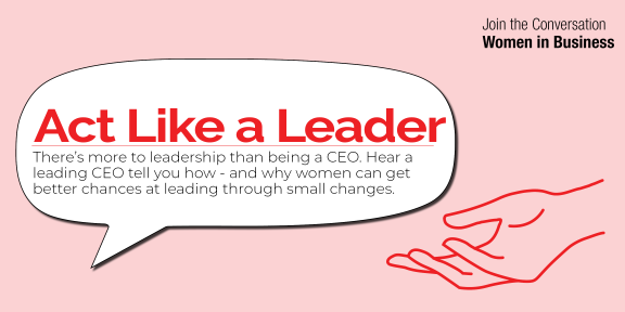 Act Like a Leader title in a speech bubble, with a hand out design motif