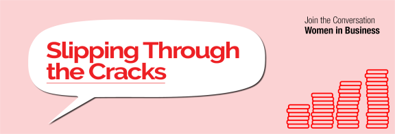 Slipping through the cracks title in a speech bubble, with a stack of coins as a motif